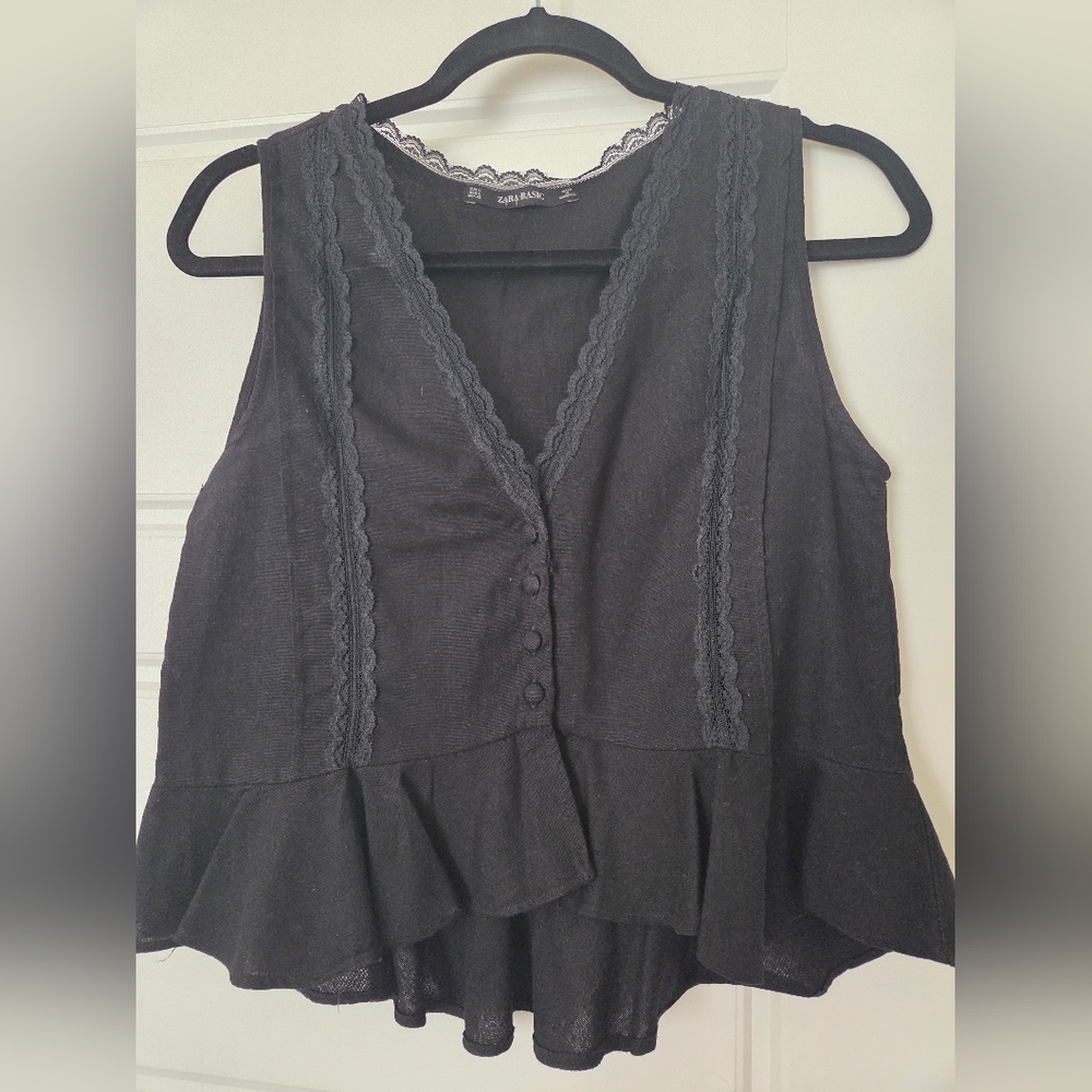 Zara Black Sleeveless Top with Lace Detail